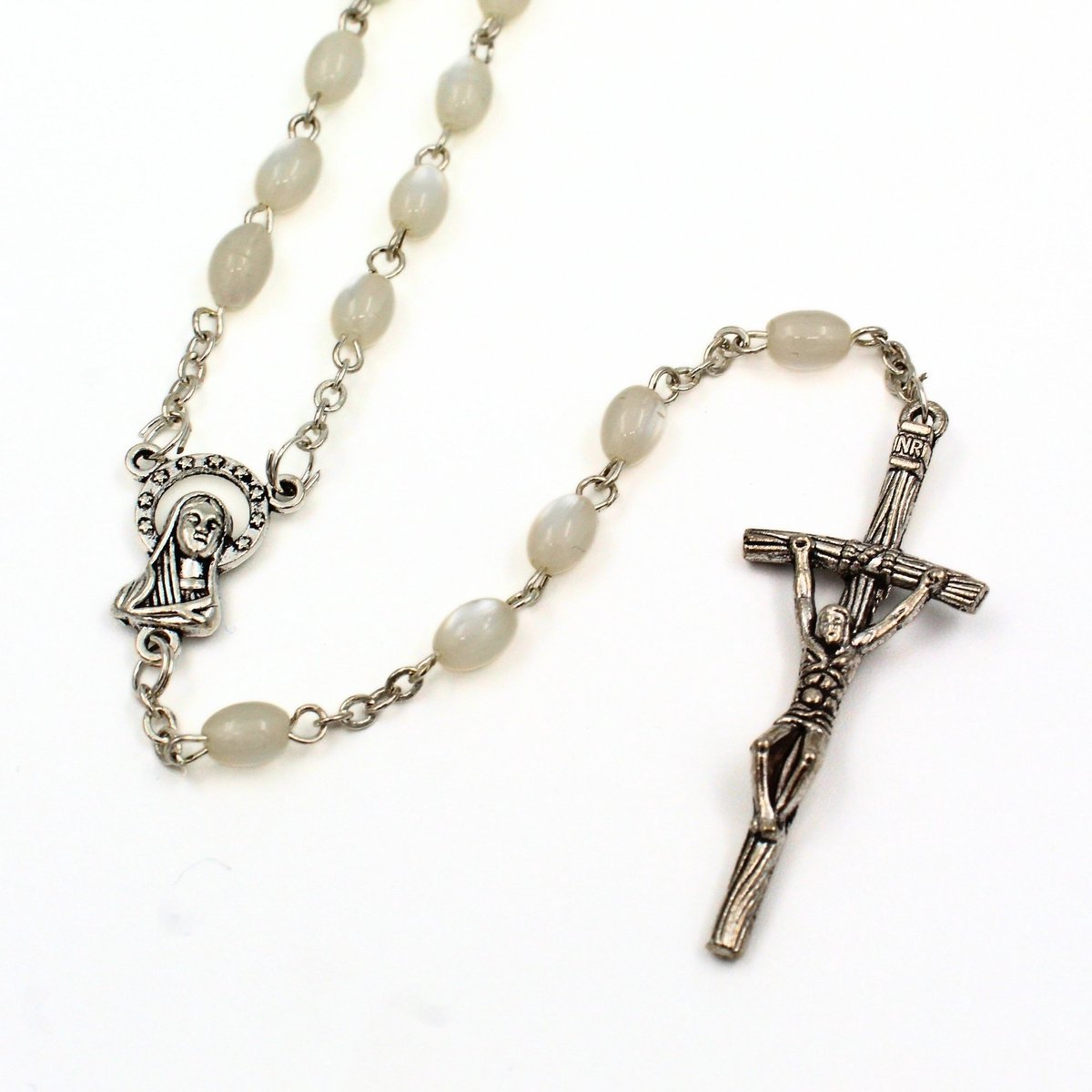 Rozenkrans ketting parelmoer kralen – Italiaans Katholiek Gebedsketting - Plexiglas kralen 6x10mm Gebedssieraad - Handgemaakt in Italië – 51 cm