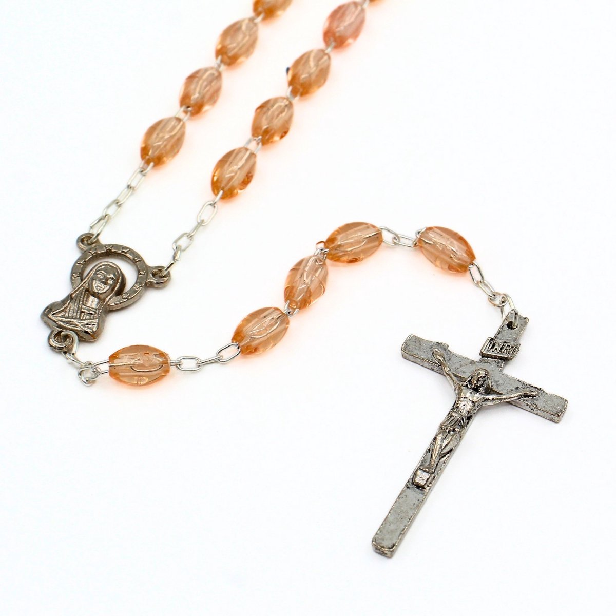 Rozenkrans ketting roze transparant – Italiaans Katholiek Gebedsketting - Metaal Kruis met Kunststof Kralen - handgemaakte uit Italië – 46 cm gebedssieraad