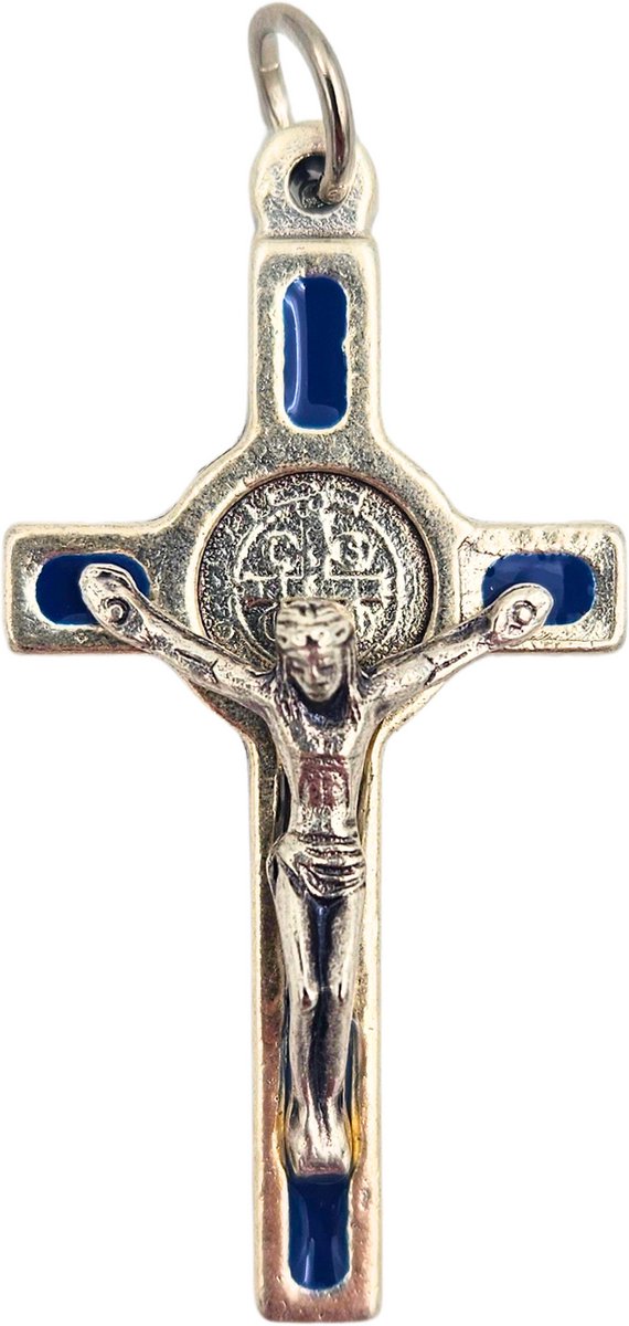 Sint Benedictus Kruis Hanger Blauw emaille – Italiaans Katholiek kruisje Saint Benedict medaille – Ketting hanger – Handgemaakt in Italië - 4x2