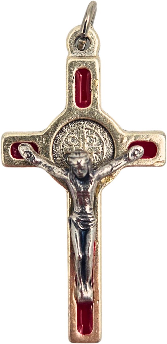 Sint Benedictus Kruis Hanger Rood emaille – Italiaans Katholiek kruisje Saint Benedict medaille – Ketting hanger – Handgemaakt in Italië - 4x2