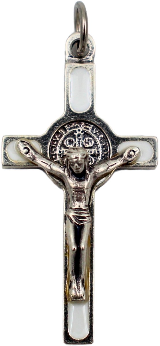 Sint Benedictus Kruis Hanger Wit emaille – Italiaans Katholiek kruisje Saint Benedict medaille – Ketting hanger – Handgemaakt in Italië - 4x2