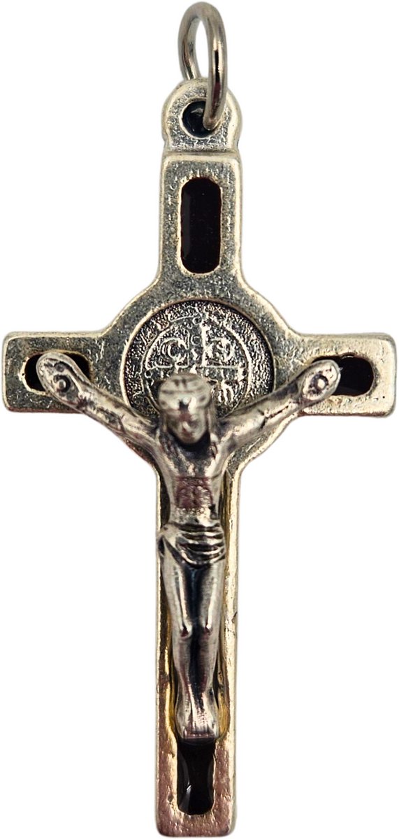 Sint Benedictus Kruis Hanger Zwart emaille – Italiaans Katholiek kruisje Saint Benedict medaille – Ketting hanger – Handgemaakt in Italië - 4x2