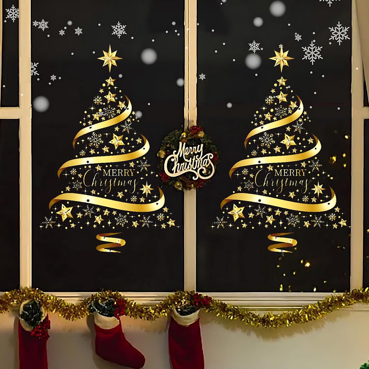 Sander Shop 2 stuks Kerstboom grote raamsticker, gouden PVC statische elektriciteit sticker, diy statische kerstversiering, geschikt voor, slaapkamer, etalage, deursticker muurschildering, vitrinekast