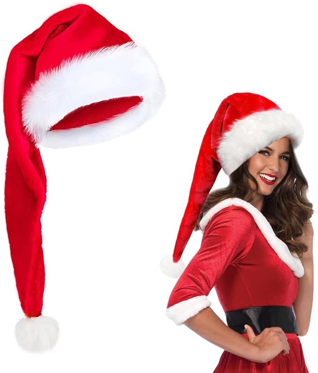 Sander Shop Kerstmanhoeden voor volwassenen, kerstmanmuts, lange pluche kerstmuts, voor mannen en vrouwen, kerstkostuum grappige kostuumaccessoires kerstornamenten-rood