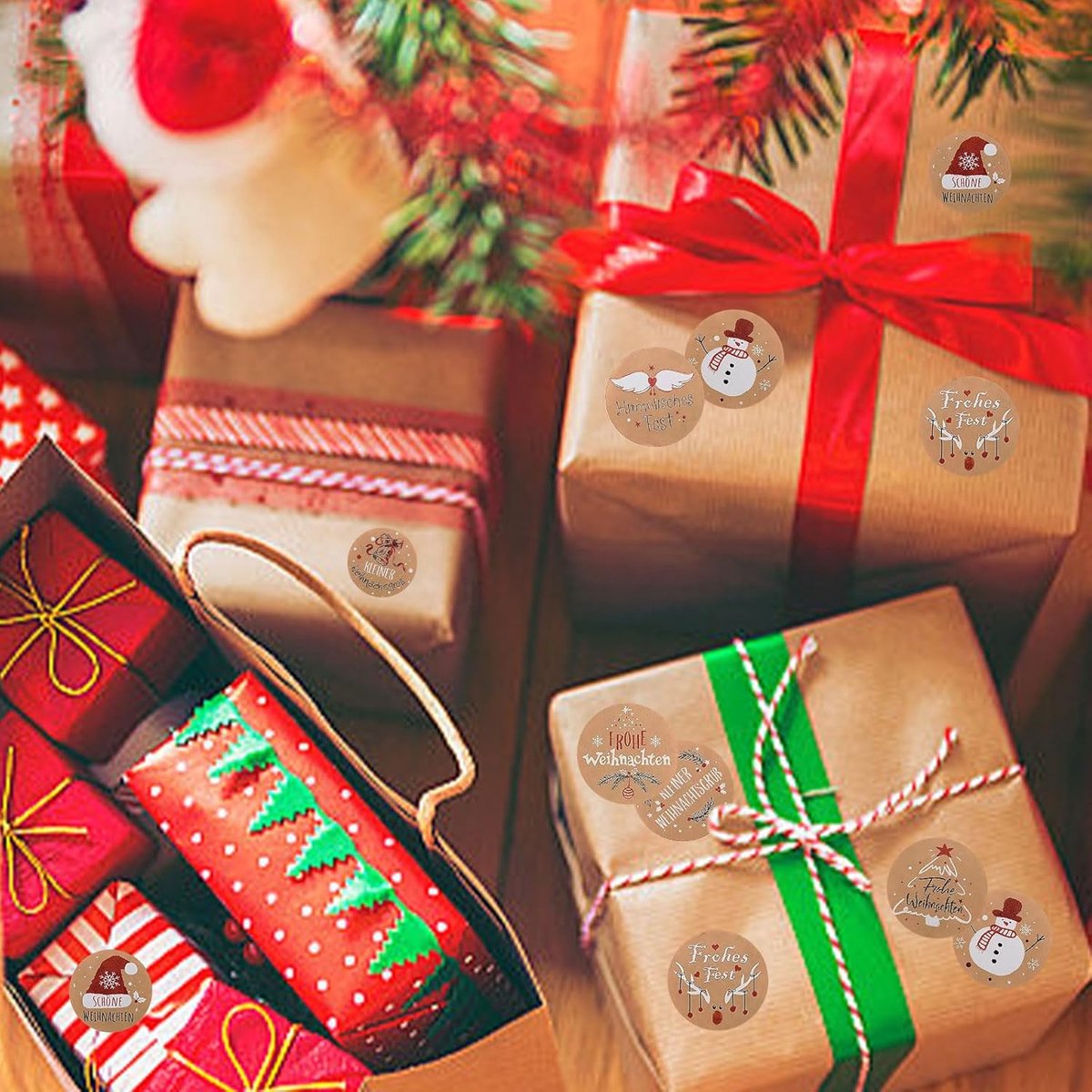 Sander Shop Kerststickers, 500 stuks, kraftpapier, kerststickers op rol, vintage, zelfklevende kerststickers, vrolijke kerststickers voor kerstdecoratie, cadeaustickers (kleur)