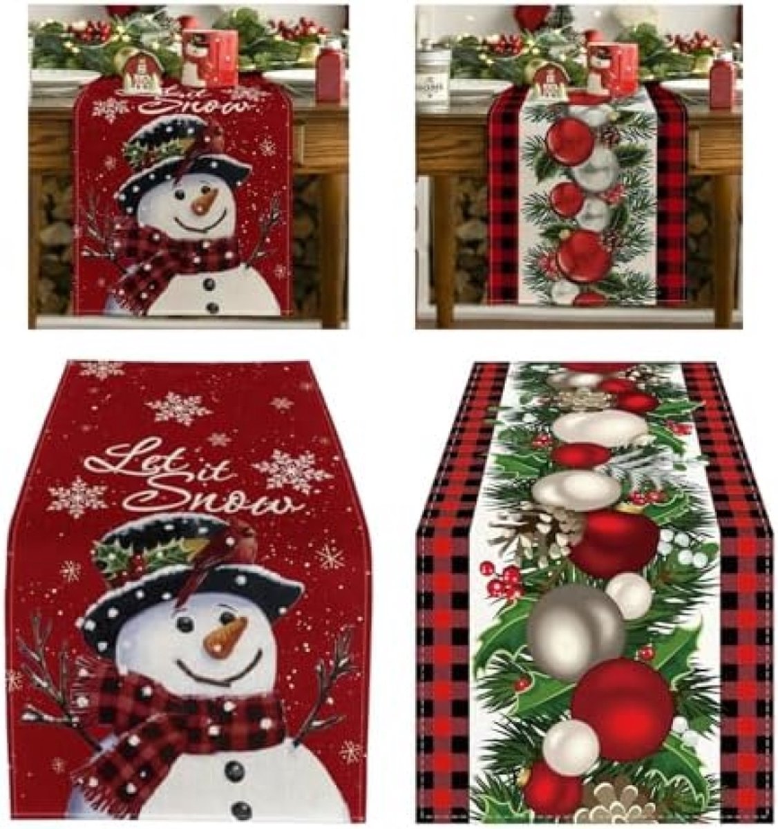 Kerst Tafelloper, Mengger 2 stuks Merry Christmas Tafellopers Rode Bessen & Sneeuwpop Lange Kerst Tafelloper Rood 183*33cm of Familie Kerst Dinner Party