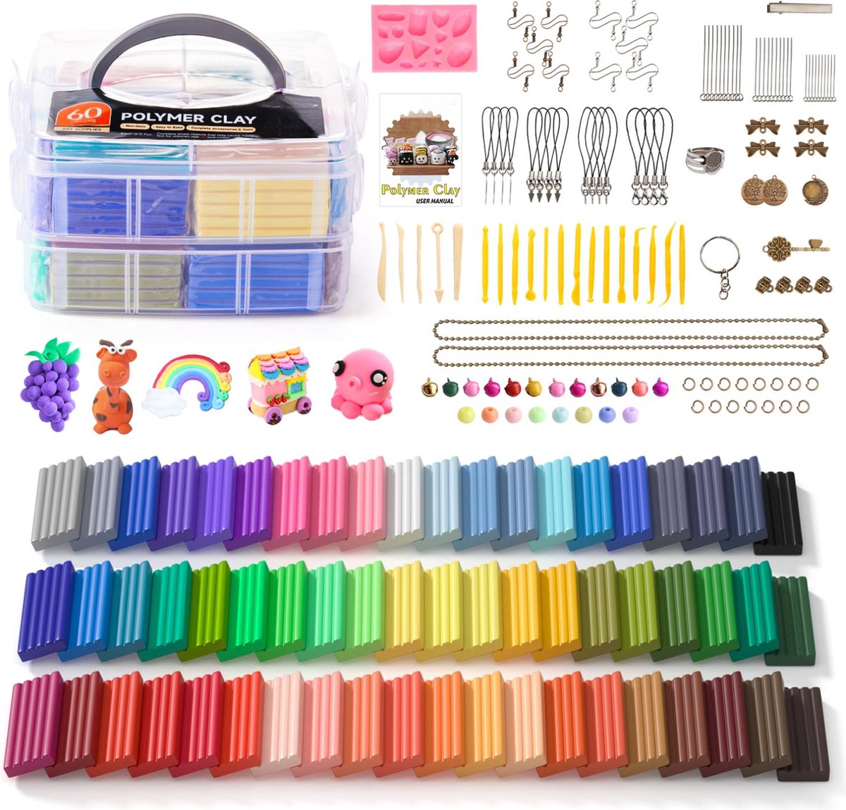 Klei Set - Polymeer Klei & Boetseerklei - DIY Kleiset Met 60 Kleuren & Klei Vormpjes - Speelklei & Makkelijk Uitwasbaar - Accessoires Voor Creatief Boetseren