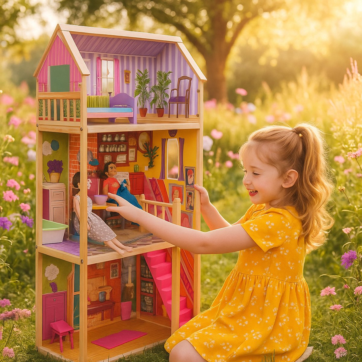 Poppenhuis Uitklapbaar - 10 Accessoires - 3 Verdiepingen - 3 Jaar - Draagbaar Poppenhuis - Houten Mini Poppenhuis - Poppenhuis Meubels - Poppetjes - Barbie Huis - Speelhuis met Kamer Meubels - Veelkleurig