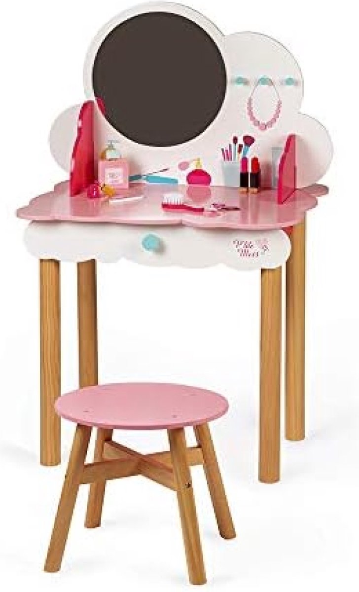 Ptite Miss Wooden Dressing Table for Children - 10 Accessories Included - Pretend Play - For children from the Age of 3, J06553, Pink and White