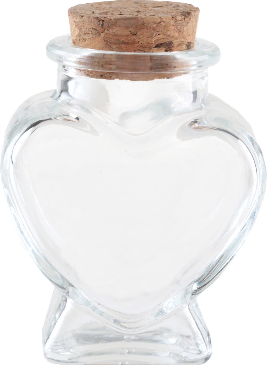 12x stuks glazen potjes/flesjes hartvorm 5.5 x 4 x 7cm met kurk huwelijks/bruiloft bedankjes - geboorte bedankjes