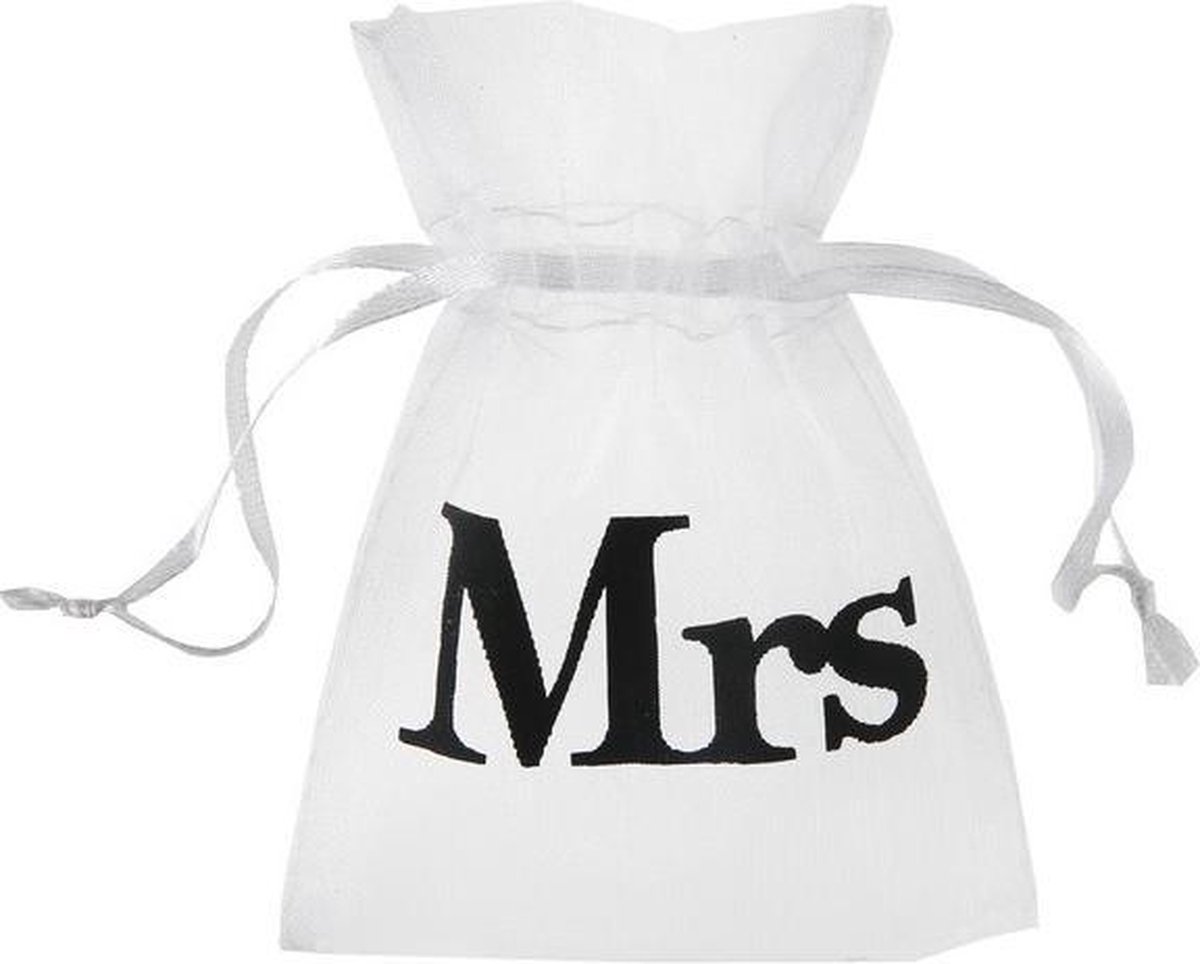 Pak met 10 organza zakjes wit met in zwart de opdruk Mrs - organza - zakje - mrs - bruid - bedankje
