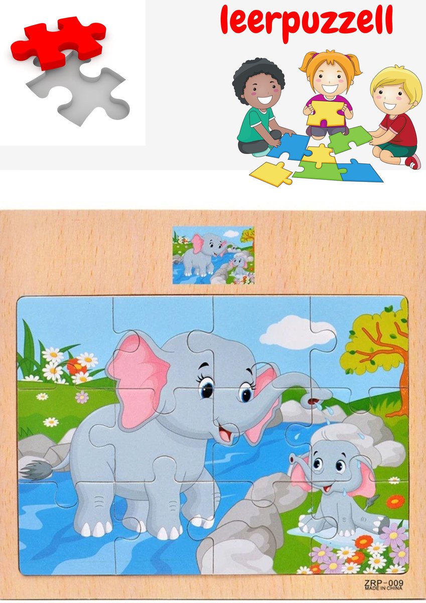 Hout  Puzzel van 12 stukjes -Legpuzzels - Dier-Olifant