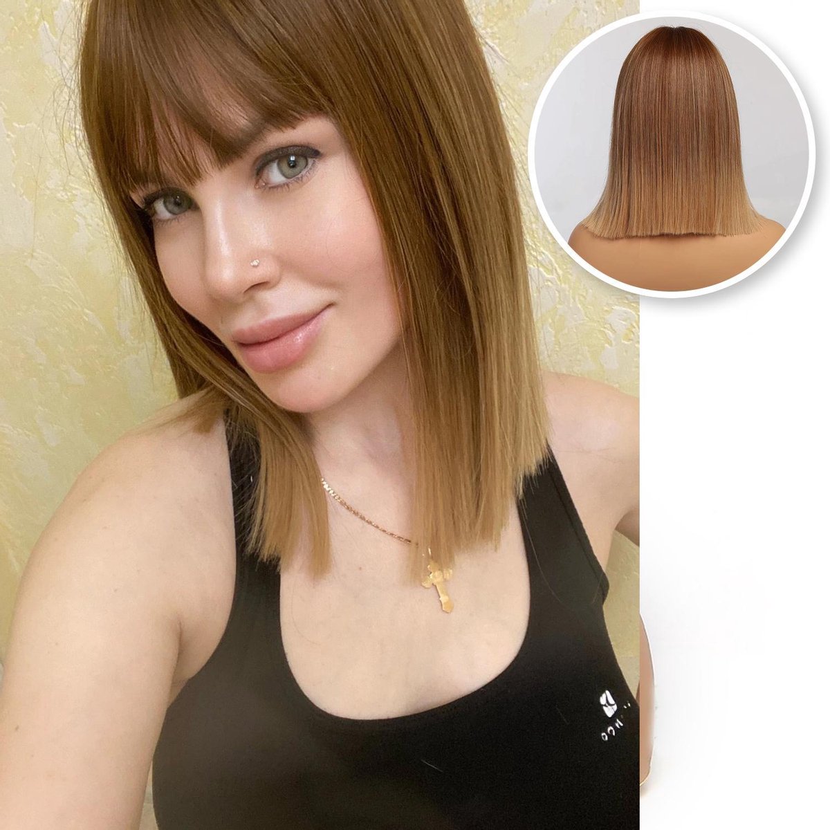 Bruine Pruik - Ombre Kleur - Pruiken Dames - Wig - Steil haar - Pony - Verstelbaar - Bruin - 40 cm