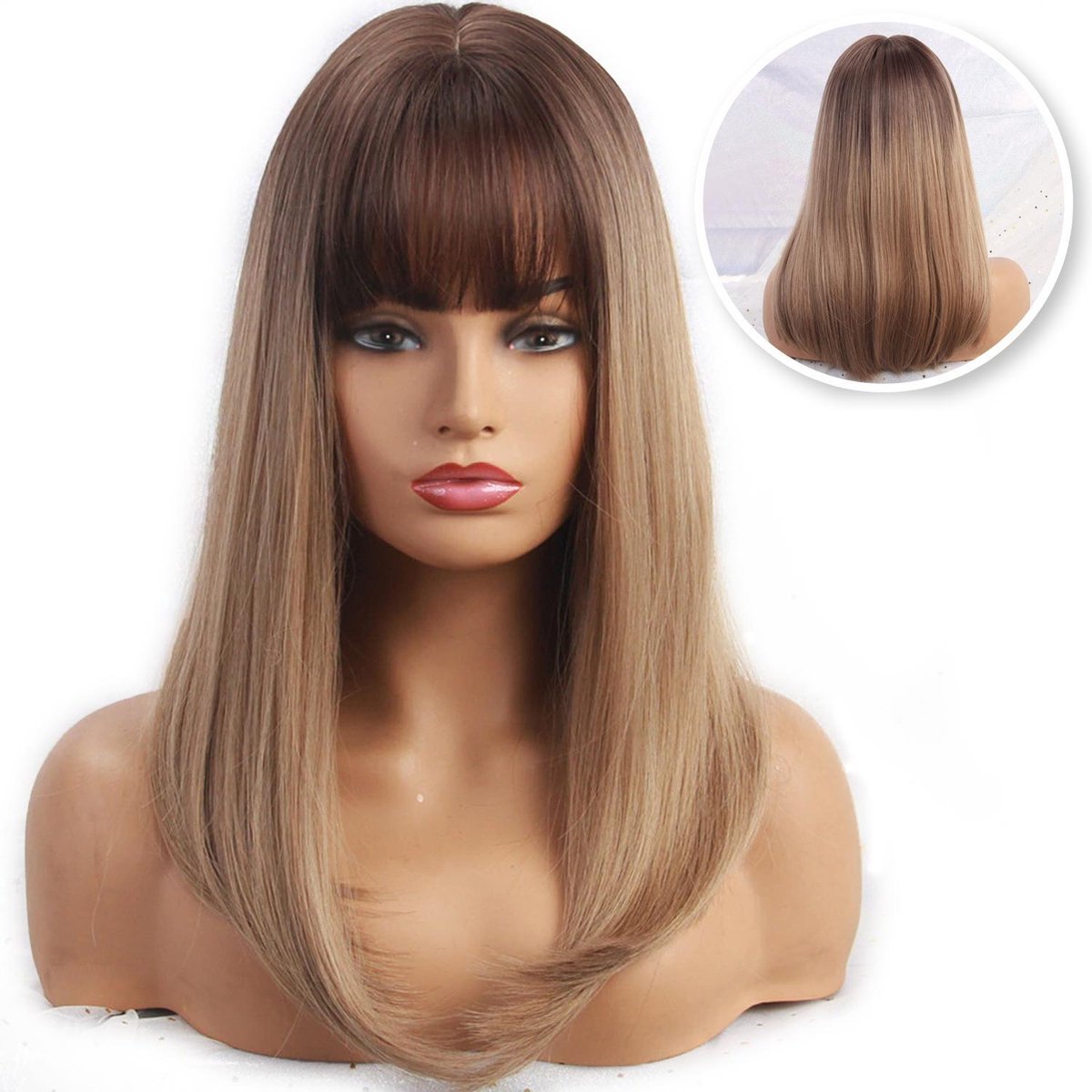 Bruine en Blonde Pruik - Ombre Kleur - Pruiken Dames - Wig - Steil haar - Pony - Verstelbaar - 50 cm