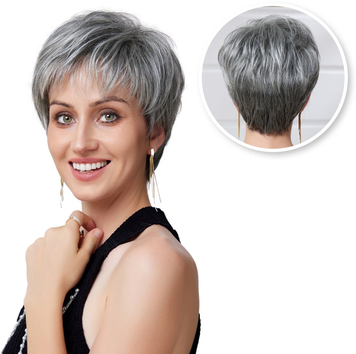 Grijze Pixie Pruik Pruiken Dames Echt Haar Grijs - Wig - Haarstuk - Synthetisch Haar & Echt Haar Mix