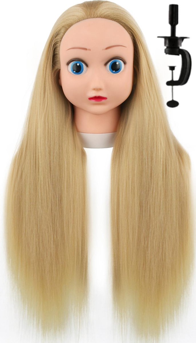 Kappershoofd Cartoon met Statief en Accessoires - Leren Vlechten / Knippen / Stylen - Mannequin Hoofd Training Pop - Oefenhoofd - Kaphoofd - Professional Head Heardresser for Practice - Blond Haar - 60 cm