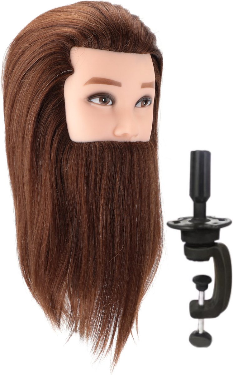 Kappershoofd Man Oefenhoofd   Kapperspop Met Statief - Kappers Pop - Bruin Haar - 35 cm
