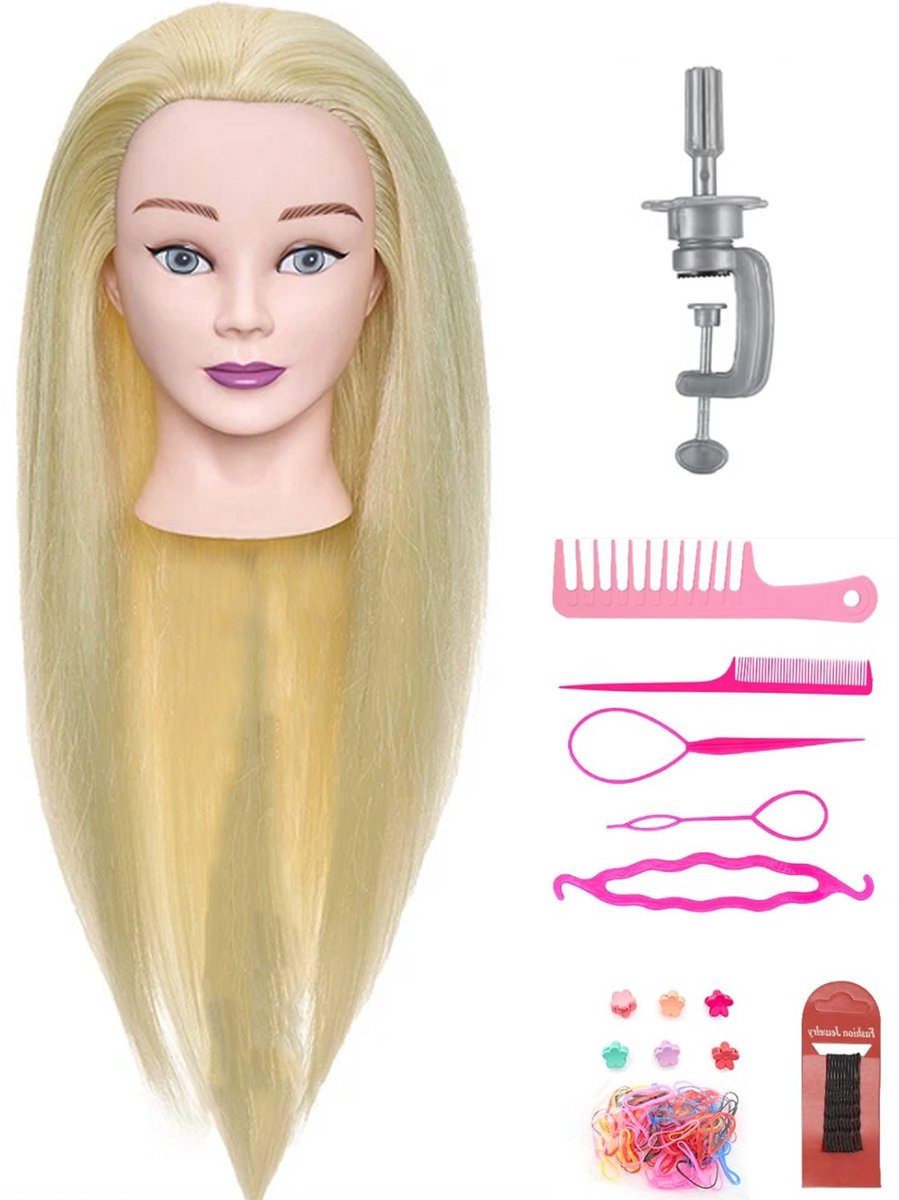 Kappershoofd Oefenhoofd 50% Echt Haar met Statief   Kapperspop Kappers Pop - Incl. Styling Accessoires - Blond - 60 cm
