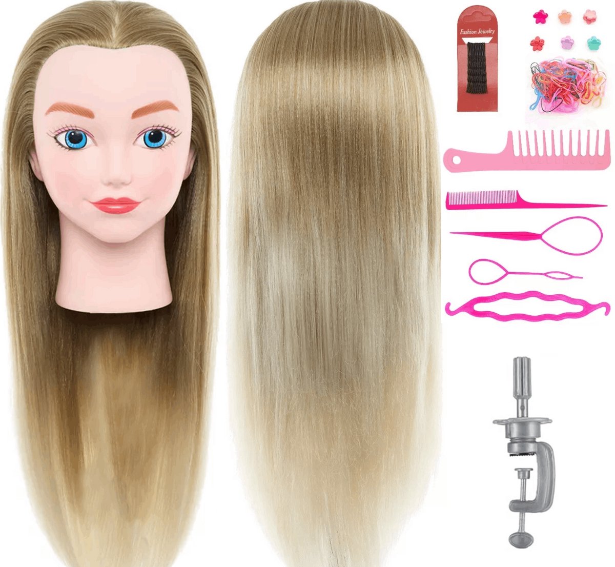 Kappershoofd Oefenhoofd Kapperspop met Statief en Styling Accessoires - Kappers Hoofd - Blond Ombre Haar - 50 cm