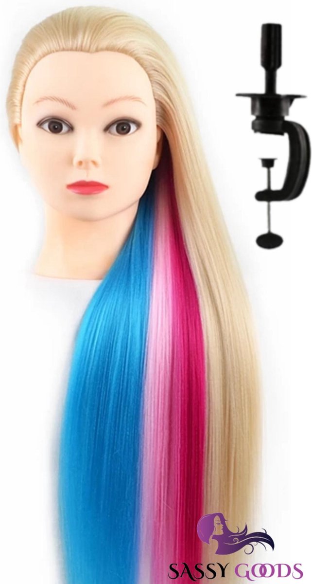 Premium Oefenhoofd met Statief en Accessoires - Leren Vlechten / Knippen / Stylen - Mannequin Hoofd Training Pop - Kappershoofd - Kappop - Professional Head Heardresser for Practice - Blond & Regenboog Kleur Haar - 75 cm