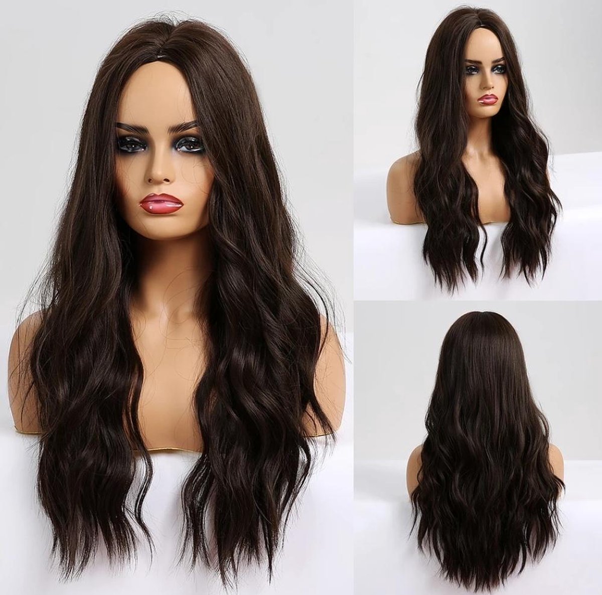 Pruik - Pruiken Dames - Wig - One Size Verstelbaar - Lang Golvend Haar - Kastanjebruin - 70 cm