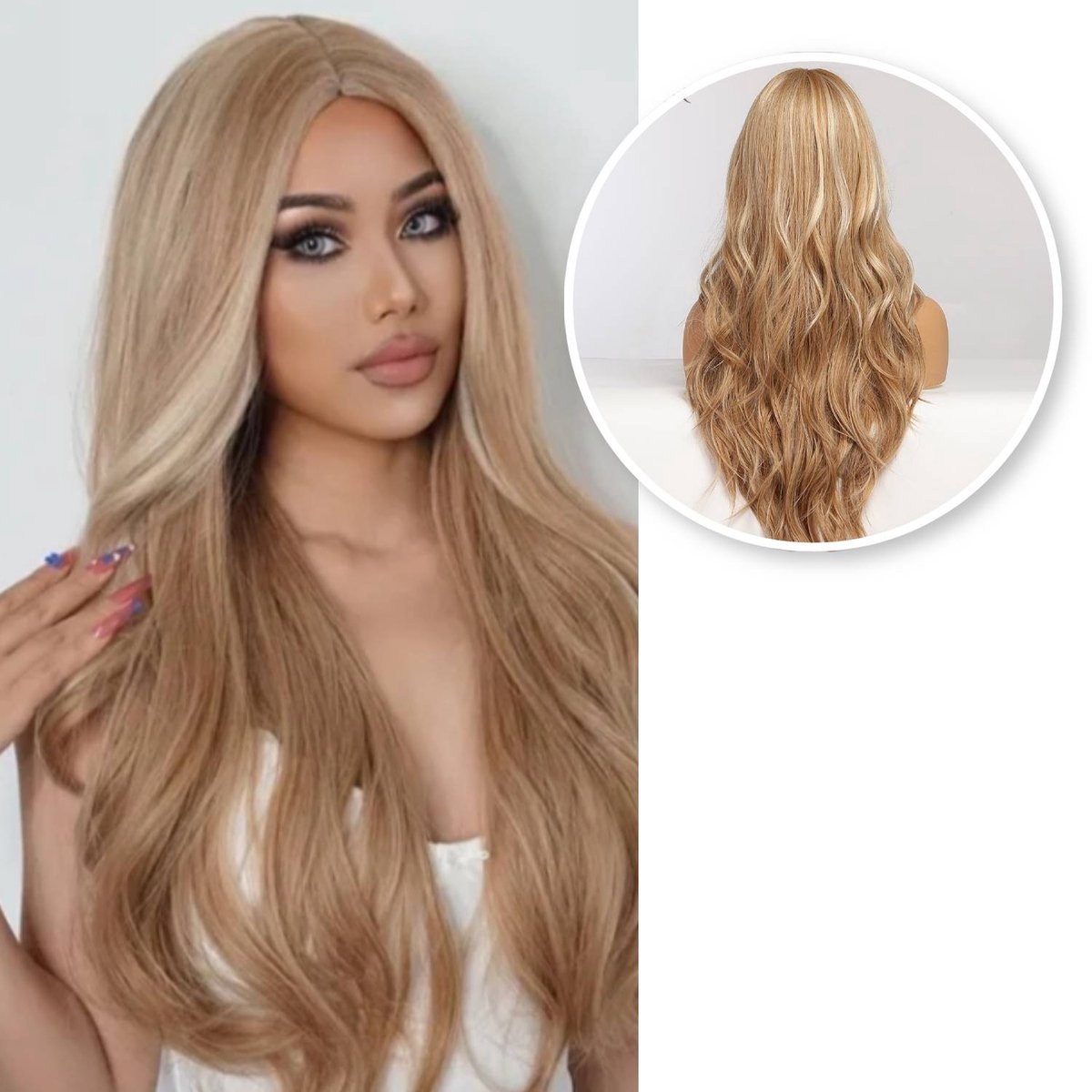 SassyGoods Blonde Pruik met Highlights- Pruiken Dames Lang Haar - Haarwerk - Haren Vrouwen - Verstelbaar - Wasbaar - Blond - 70 cm