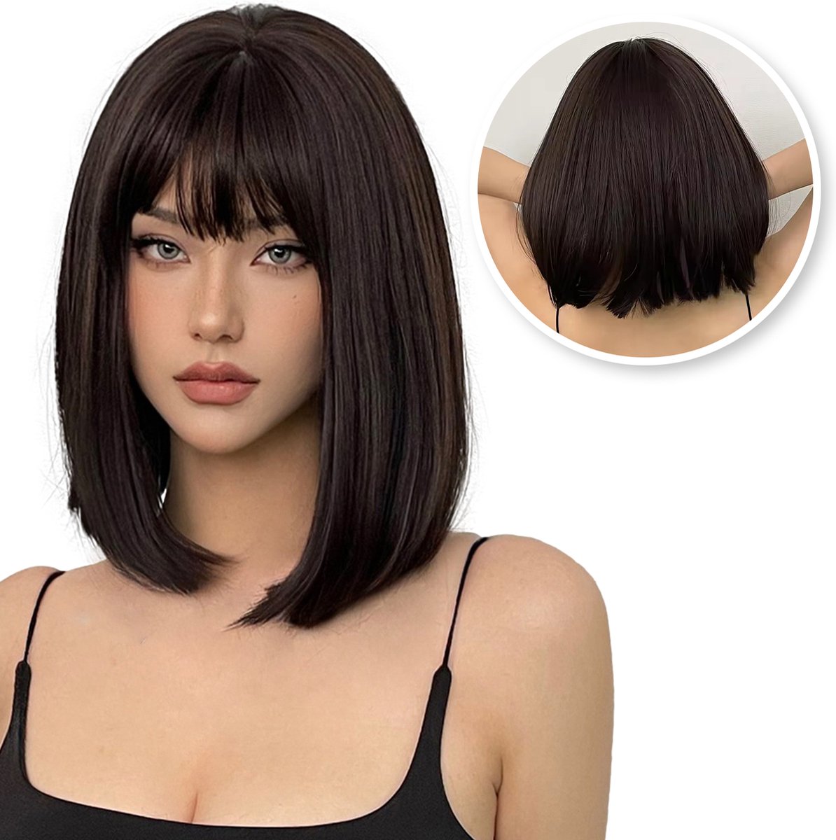 SassyGoods Pruik Bruin - Wig - Pruiken Dames Kort Haar - Verstelbaar - Wasbaar - Kastanje Donkerbruin - 35 cm