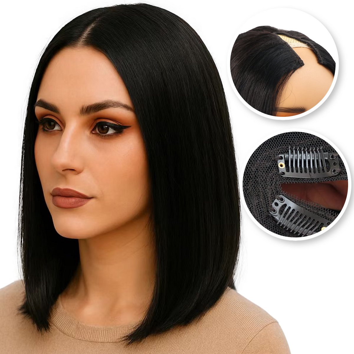 SassyGoods Pruik V Part Haarstuk 100% Echt Remy Haar Human Hair Wig - Zwarte Pruik Dames Bob - 1B Zwart – 55 cm