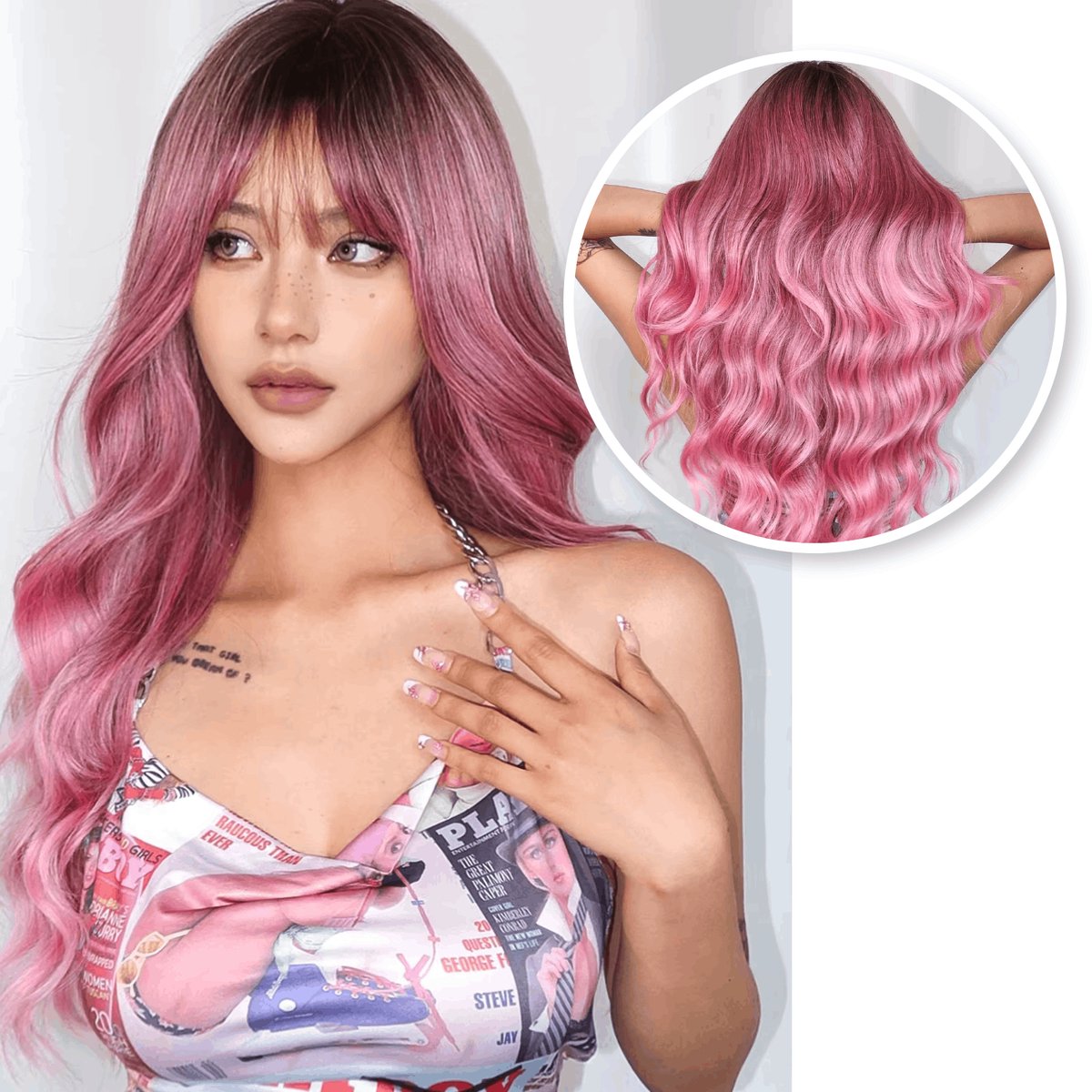 SassyGoods Roze Pruik Dames - Pruiken Dames Lang Haar - Wig - Damespruik Wasbaar - 65 cm