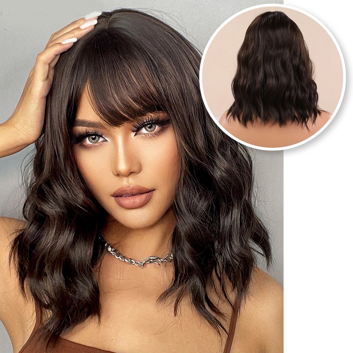 ® Bruine Pruik - Pruiken Dames - Wig - Verstelbaar - Kort Haar - Kastanjebruin - 30 cm