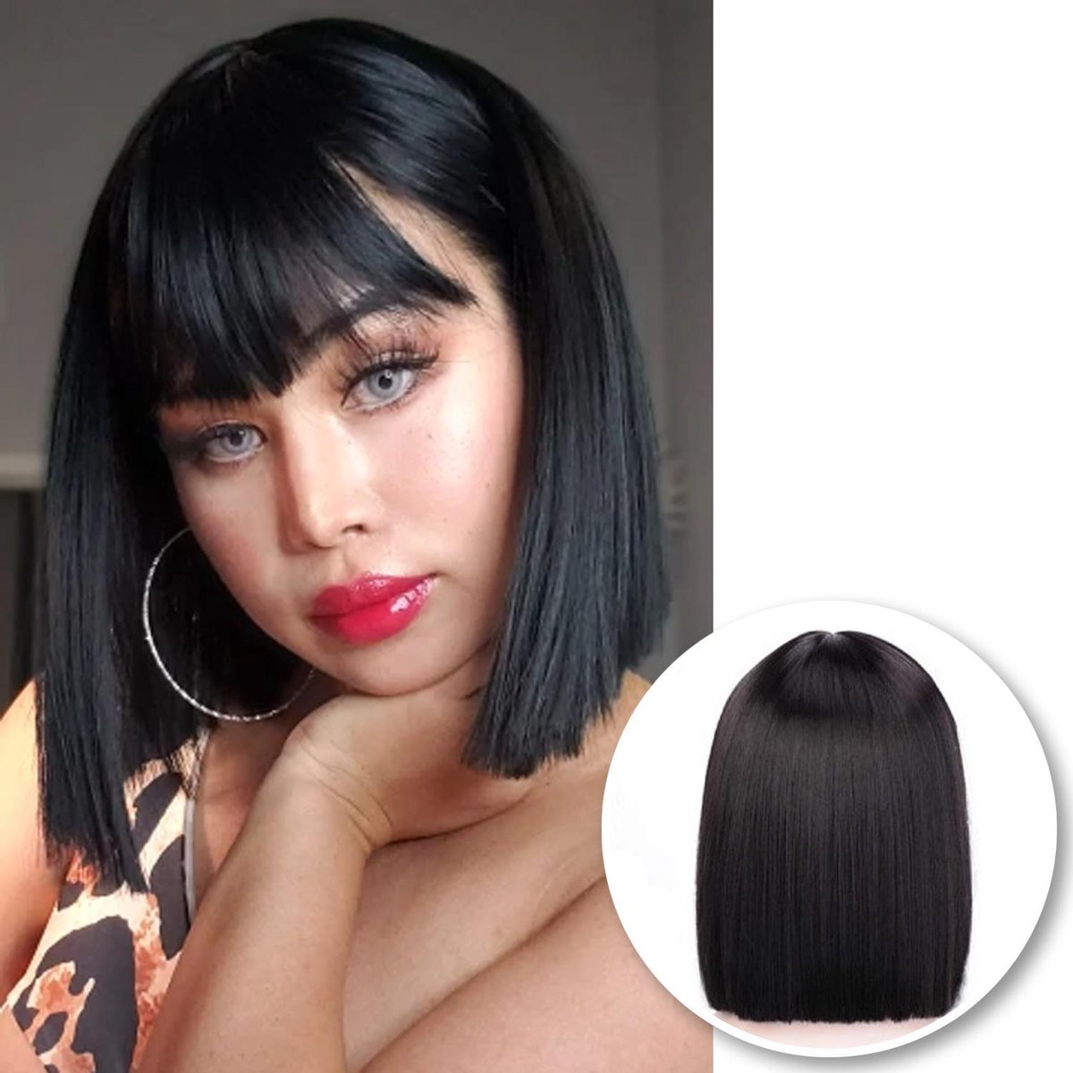 SassyGoods® Zwarte Pruik met Pony - Pruiken Dames - Wig - Verstelbaar - Kort Haar - Zwart - 35 cm