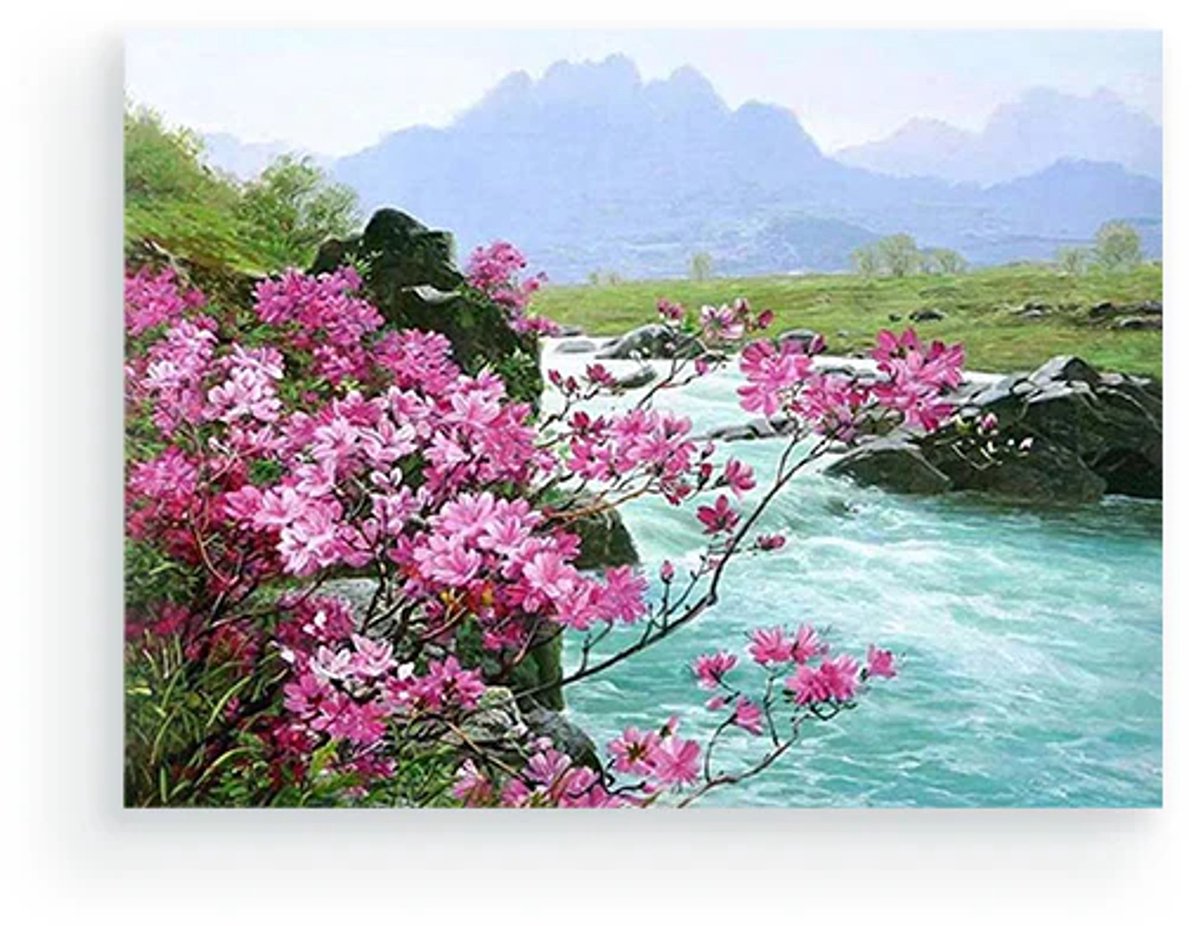 Schilderenopnummers.com® Bloesem bij water - 50x40 cm – Schilderen op nummer - Schilderen op nummer volwassenen