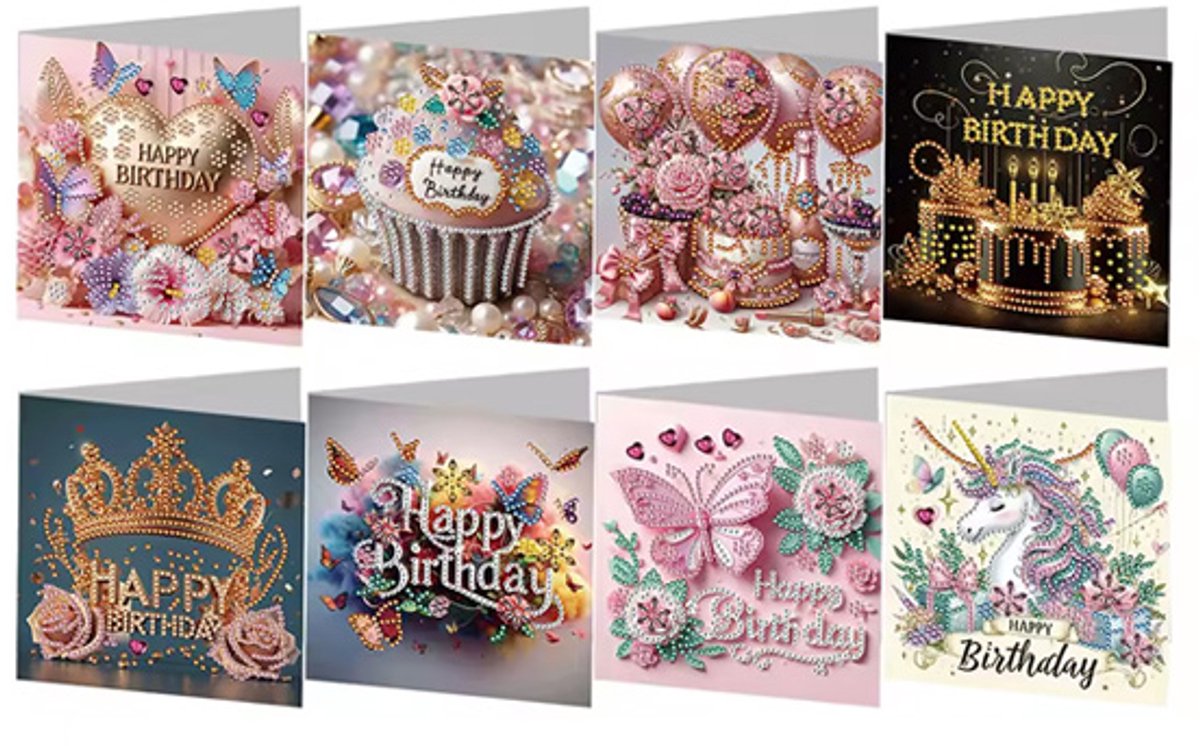 Schilderenopnummers.com® Diamond Painting - Set van 8 Verjaardagskaarten - 15x15 cm