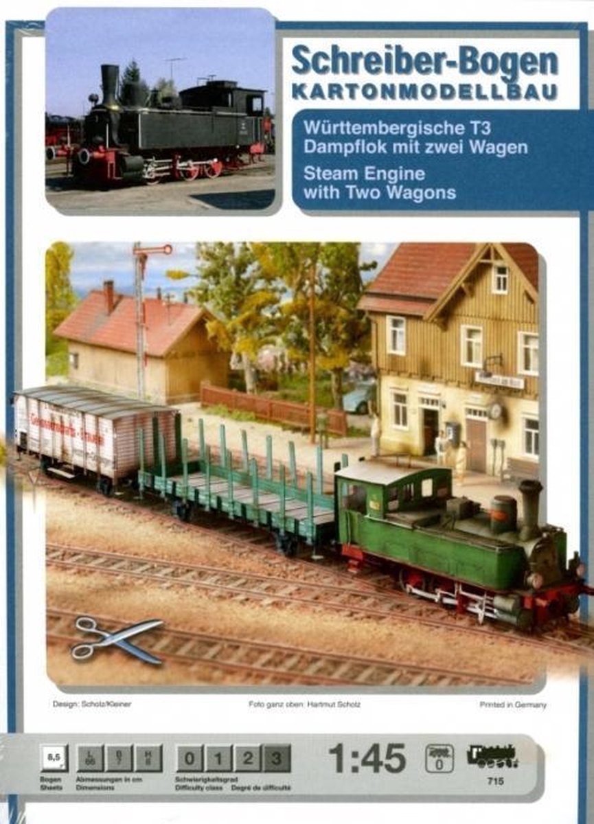 Kartonnen bouwplaat Wurttembergische T3 stoomloc met 2 wagonnen