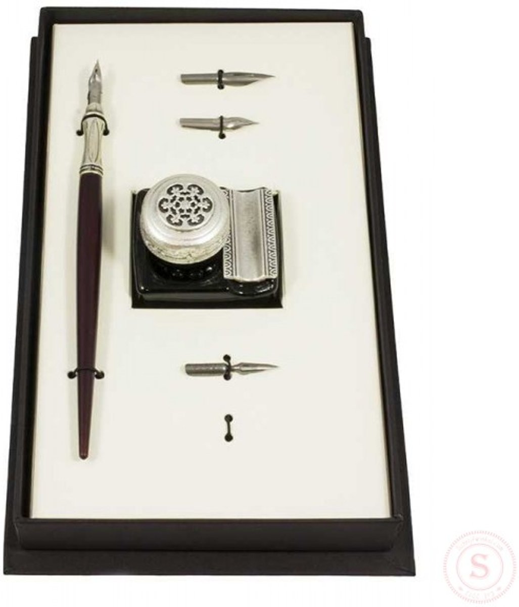 Pacioli Artistieke Kalligrafieset - Met Houten Kroontjespen en 4  punten - Met Luxe Inktpot met  nenhouder - In Luxe Geschenkdoos van 27 x 16,5 x 8 cm - Gemaakt in Italië