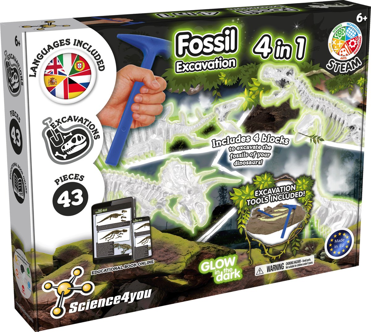 Science4you - Fossil Excavation - 4 in 1 Glow in the Dark - Experimenteerset