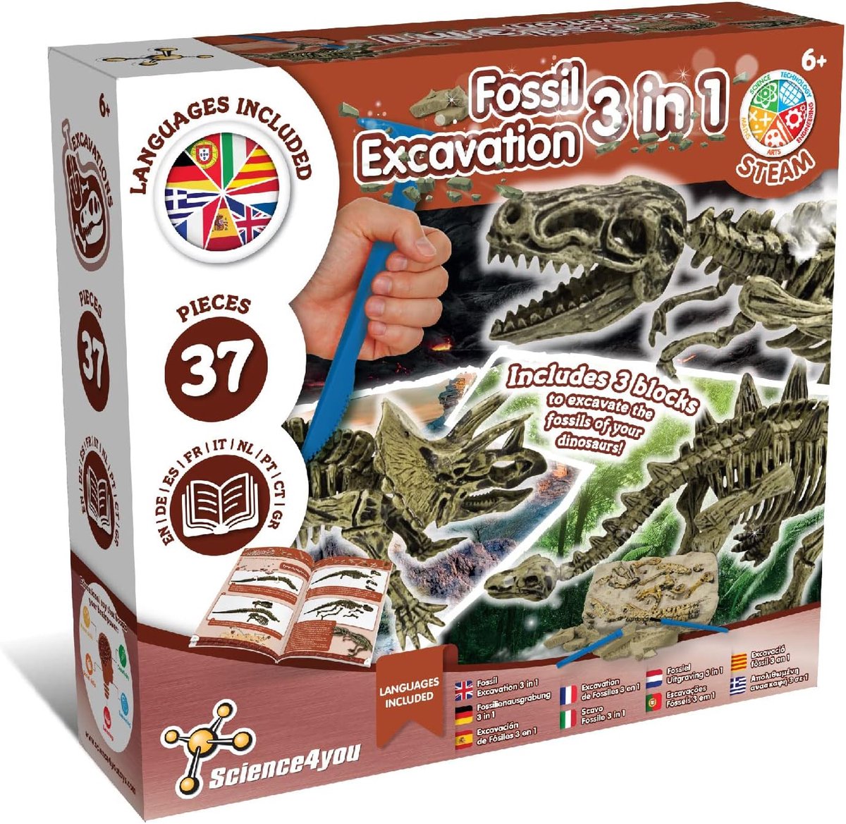 Science4you Dino Fossielen Graafset 3-in-1 – T-Rex, Triceratops & Stegosaurus – Educatief Cadeau voor Kinderen vanaf 5 Jaar