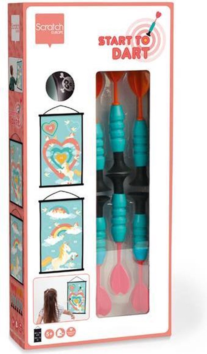 Scratch Active Play: START TO DART Eenhoorn 38x60cm, 2-zijdig bedrukt, met 6 darts met zuignappen, in doos, 5+