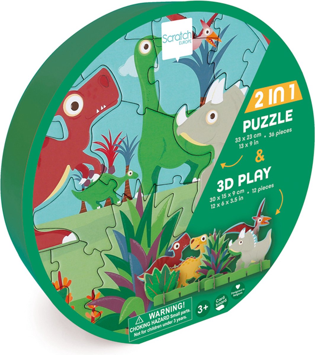 Scratch PlayPuzzle 36pcs: 3D DINO 33x23,1cm, in ronde doos 20x20x4,5cm, 3+