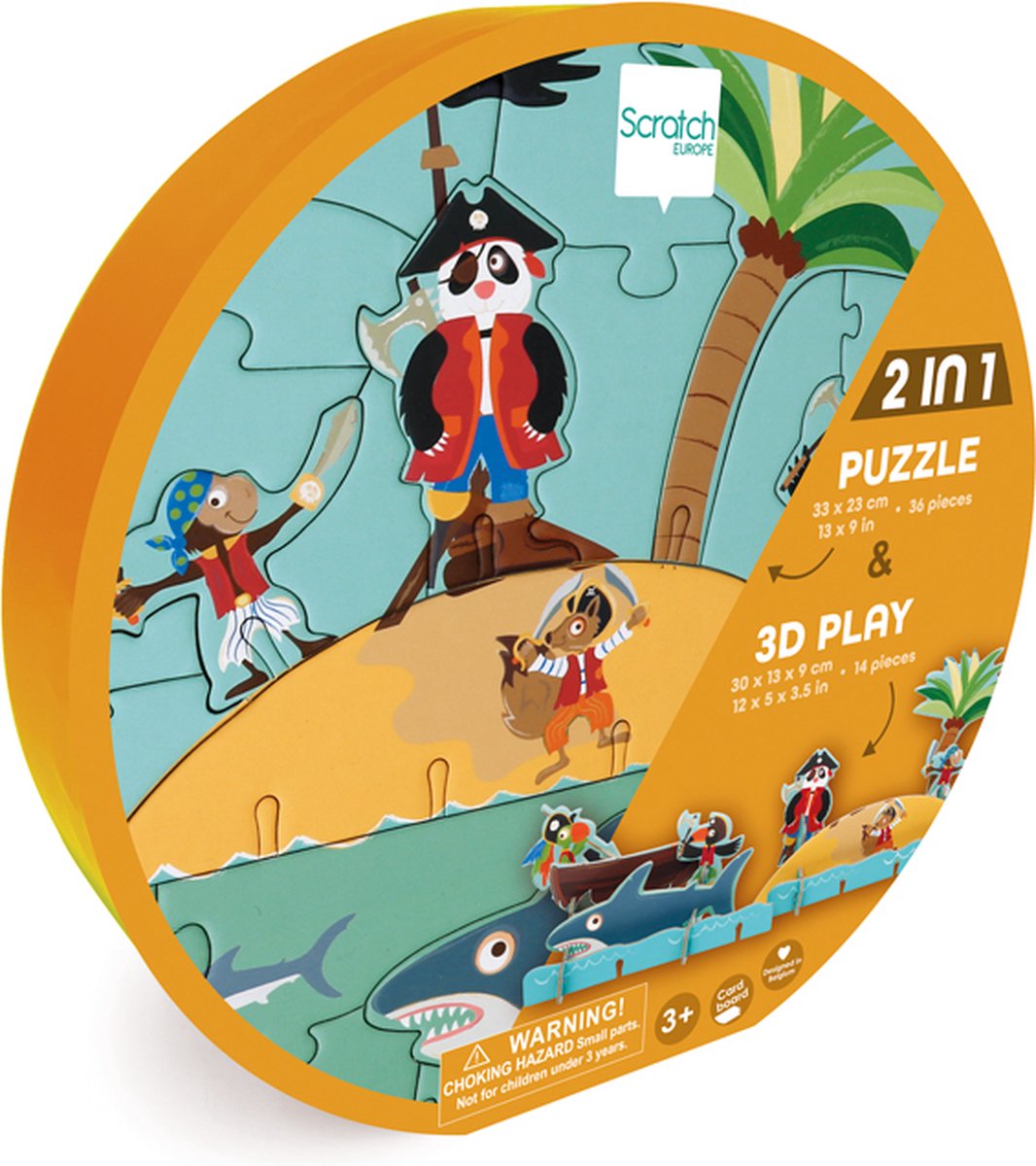 Scratch PlayPuzzle 36pcs: 3D PIRAAT 33x23,1cm, in ronde doos 20x20x4,5cm, 3+