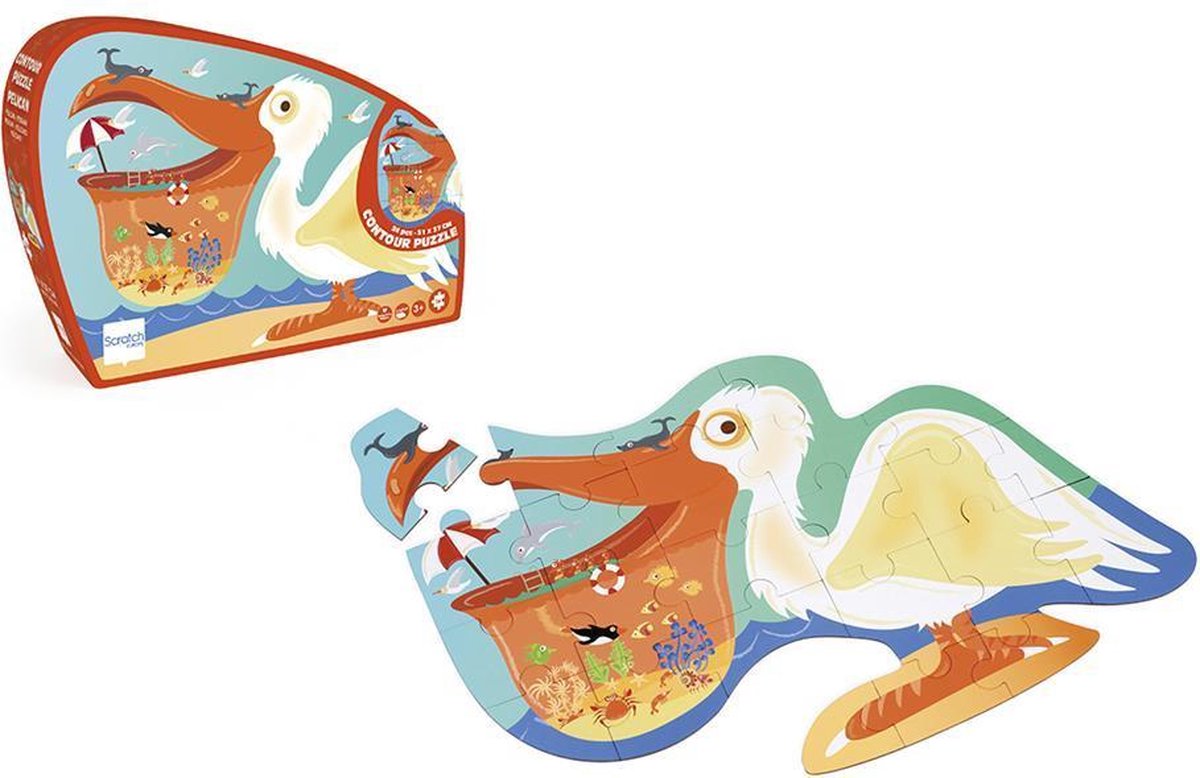 Scratch Puzzel 24pcs: CONTOUR PUZZEL/PELIKAAN 50.7x36.9x0.25cm, in vormendoos 29x21x6.5cm, 3+