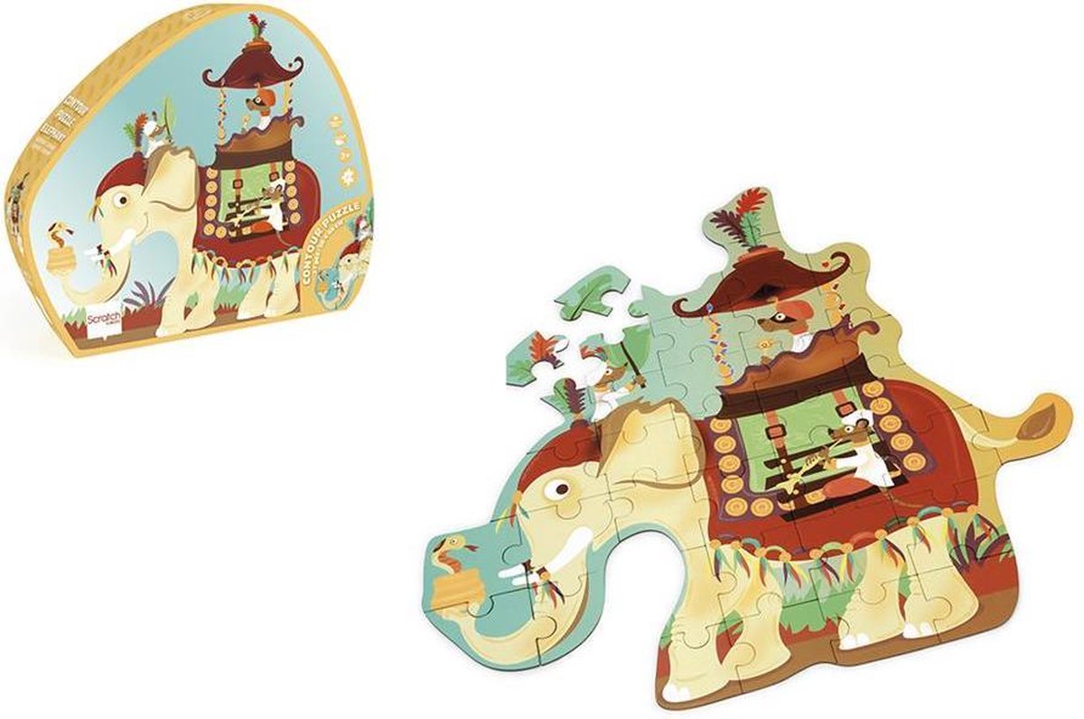 Scratch Puzzel 37pcs: CONTOUR PUZZEL/OLIFANT 50x48.5x0.25cm, in vormendoos 27.6x23.6x6.5cm, 3+