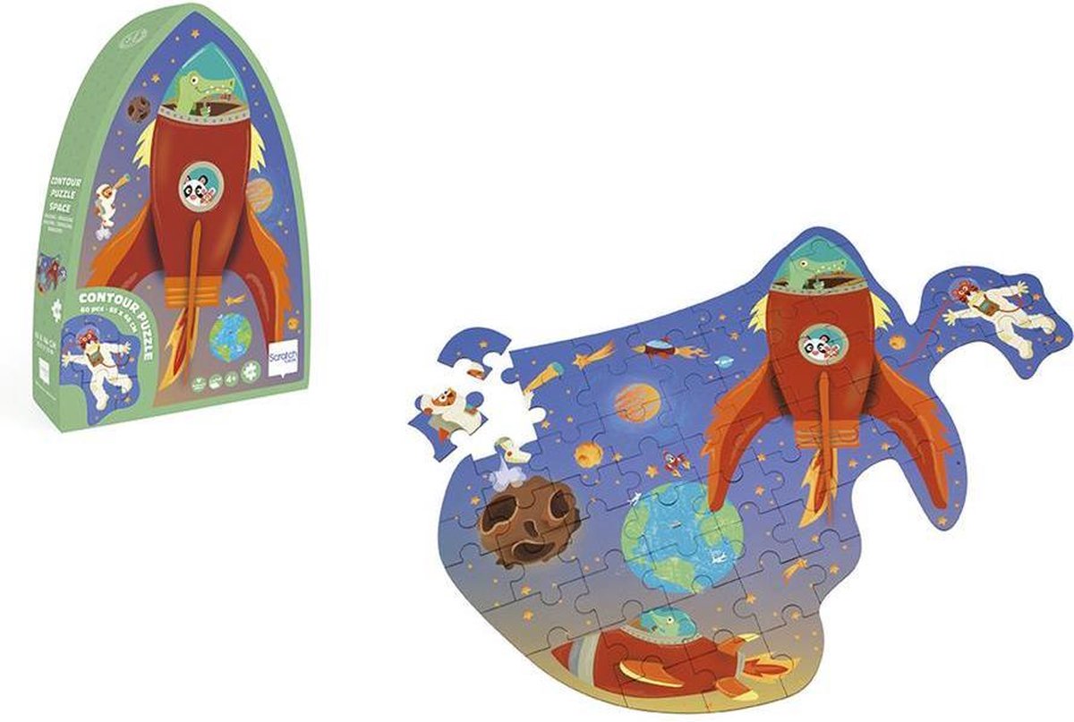 Scratch Puzzel 60pcs: CONTOUR PUZZEL/RUIMTE 64.5x46.3x0.25cm, in vormendoos 19.9x28.8x6.5cm, 4+