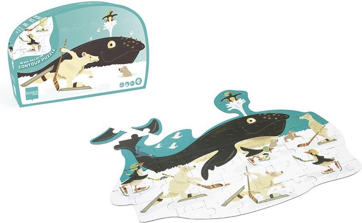Scratch Puzzel 60pcs: CONTOUR PUZZEL/WALVIS 61.7x41.9x0.25cm, in vormendoos 30x19.6x6.5cm, 4+