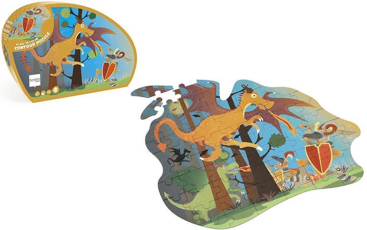 Scratch Puzzel 61pcs: CONTOUR PUZZEL/DRAAK 56.3x51.5x0.25cm, in vormendoos 29.6x20.2x6.5cm, 4+