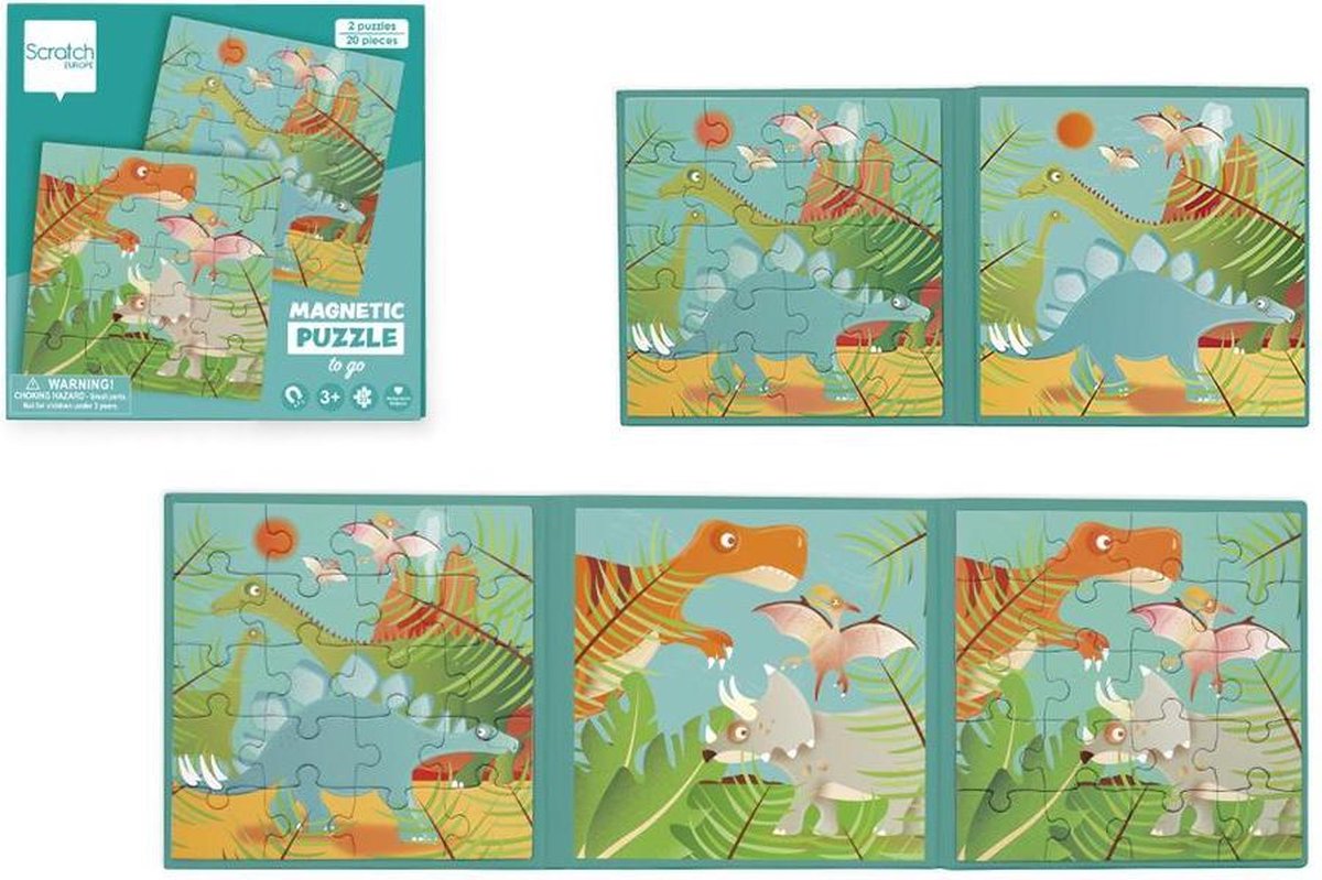 Scratch Puzzel Magnetisch: MAGNETISCH PUZZELBOEK TO GO - DINOSAURUS 18x18x1.5cm (gesloten), 54x18x0.5cm (open), met 2 magnetische puzzels van 20 stuks, 3+