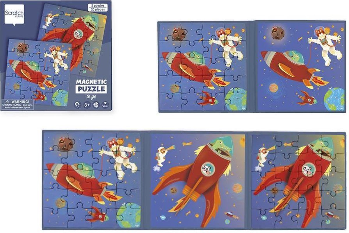 Scratch Puzzel Magnetisch: MAGNETISCH PUZZELBOEK TO GO - RUIMTE 18x18x1.5cm (gesloten), 54x18x0.5cm (open), met 2 magnetische puzzels van 20 stuks, 3+