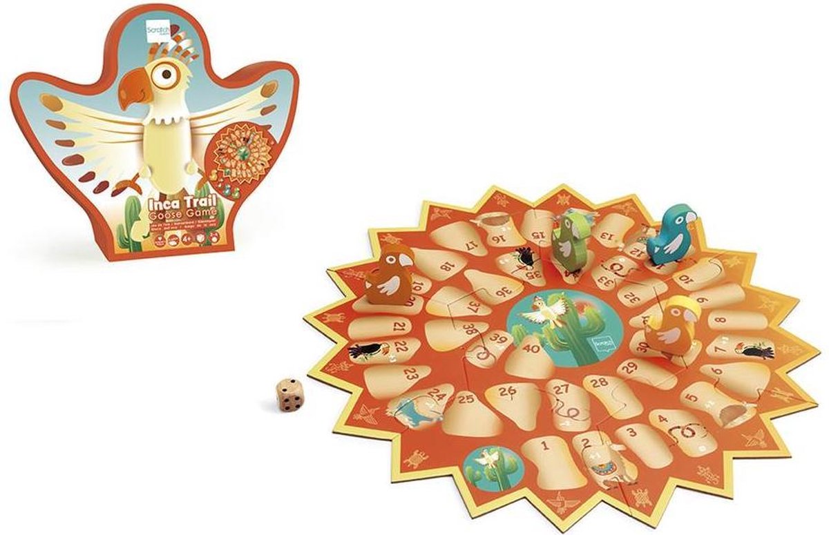 Scratch Spel: INCA TRAIL / GANZENBORD 35x35cm, met 4 houten pionnen en 1 houten dobbelsteen, in vormendoos 28.6x24.3x6.5cm, 4+
