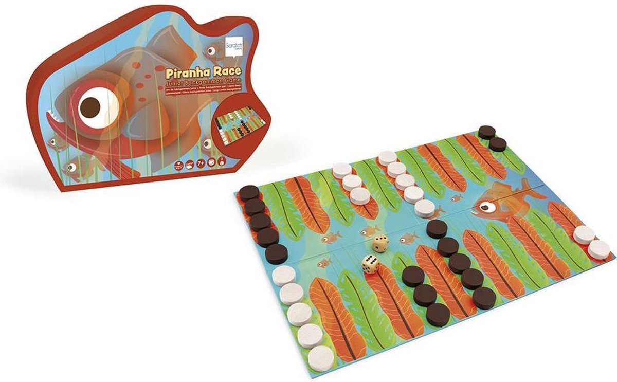 Scratch Spel: PIRANHA RACE / JUNIOR BACKGAMMON 38x28cm, met 2x15 houten pionnen en 2 houten dobbelstenen, in vormendoos 29.5x21.5x6.5cm, 7+