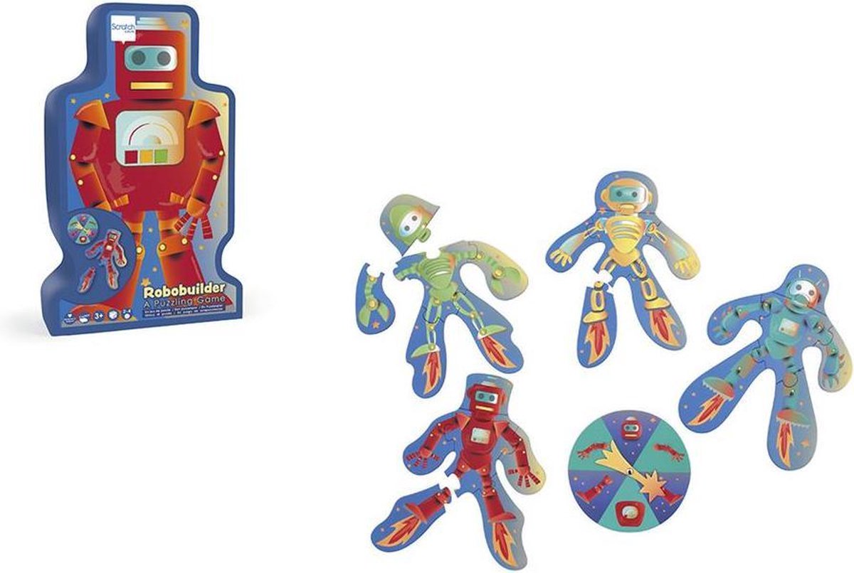 Scratch Spel: ROBOBUILDER / PUZZELSPEL 21.7x19.3cm, met 4 verschillende puzzles (6 stuks elks) en een draaischijf diam.14.3cm, in vormendoos 16.6x29.6x6.5cm, 3+